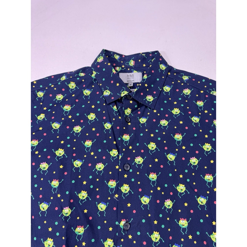 Marks & Spencer Mens Medium Button Up Shirt Navy Blue Globe Star AOP Casual M